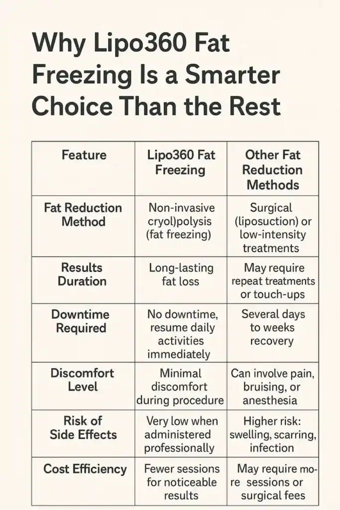 Is it possible to permanently freeze fat cells? 2 Table showing benefits of fat freezing to remove fat cells St Albans from Lipo 360