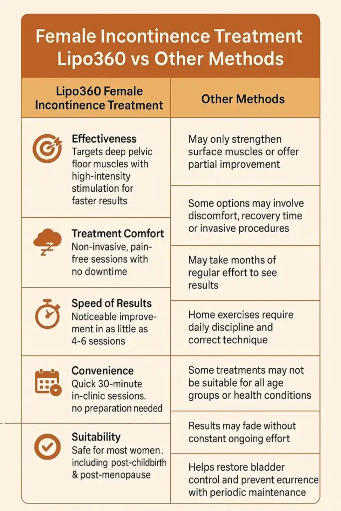 Comprehensive Guide To Female Incontinence Treatment Options 1 Table showing benefits of incontinence treatment St Albans